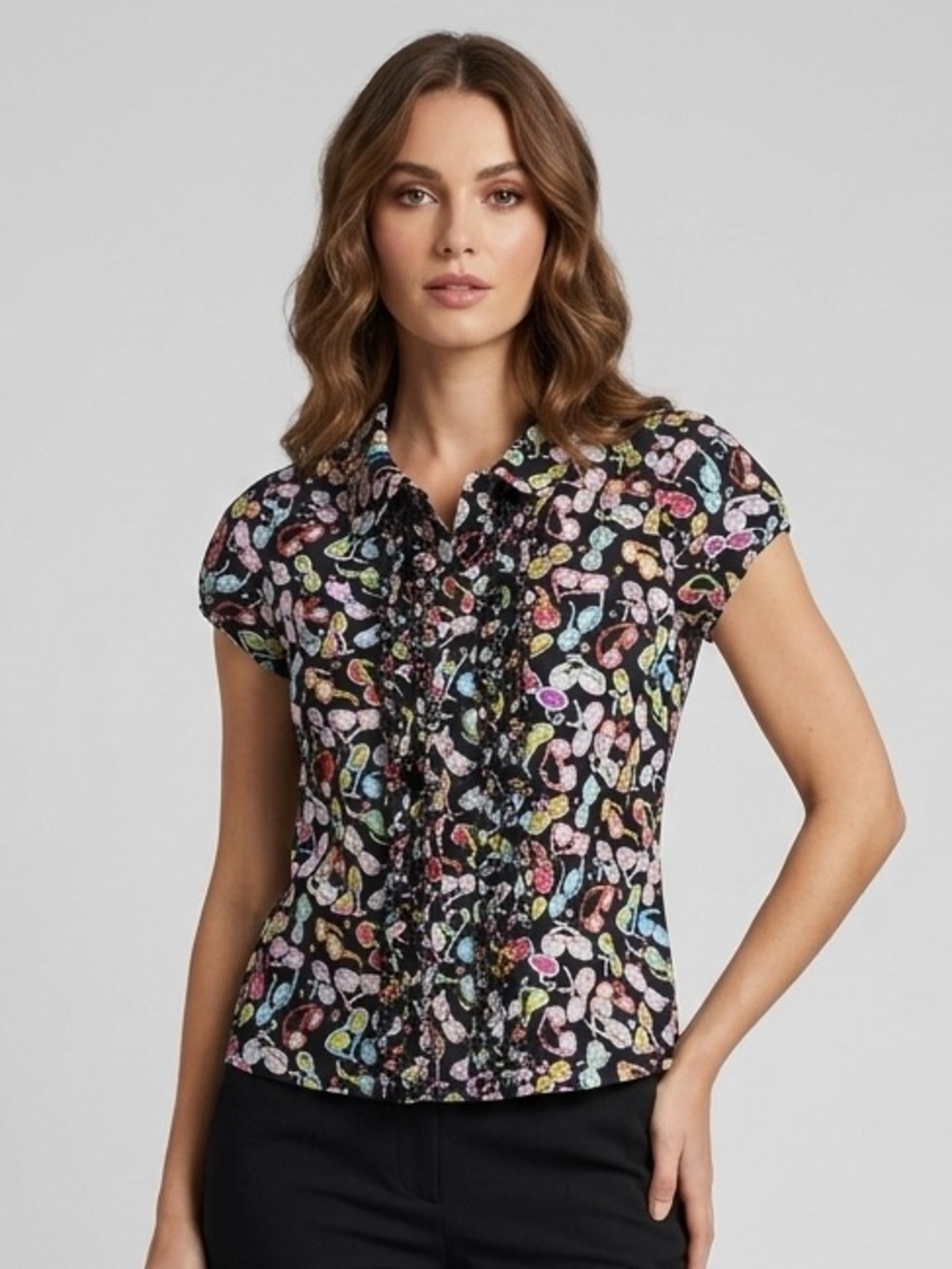 Anne Carson Linen Sunglasses Print Ruffle Front Blouse Size M